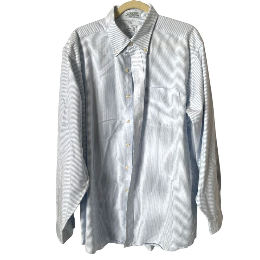L.L. Bean Cotton Blend‎ Pinstriped Button Down Shirt White Blue MENS 17-35